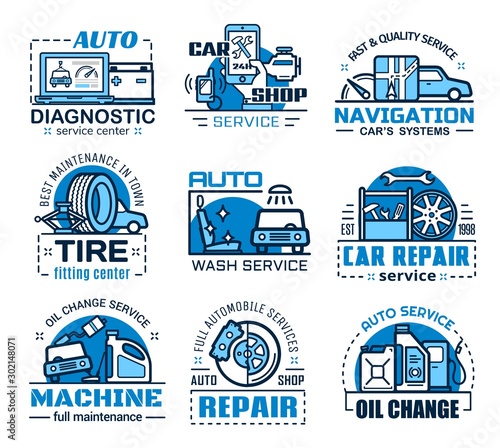 Car service, auto spare parts, oil and wheel tire