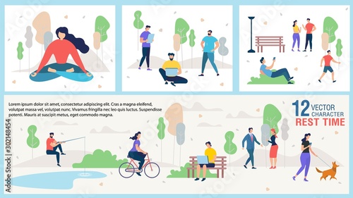 City Citizen Outdoor Recreation and Rest Trendy Vector Banner or Poster Template with People Networking  Walking with Pet  Meeting with Friends and Colleagues  Fishing  Meditating in Park Illustration
