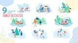 Summer, Winter Vacation Family Activities Trendy Vector Isolated Scenes Set. Parents with Kids Paddle Boarding, Riding Bicycle, Fishing on Boat, Playing Games, Ice-Skating Around Snowman Illustration