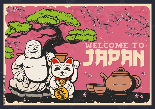 Japanese sakura, lucky cat, bonsai and tea set