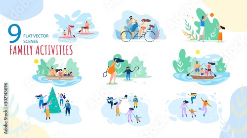 Summer, Winter Vacation Family Activities Trendy Vector Isolated Scenes Set. Parents with Kids Paddle Boarding, Riding Bicycle, Fishing on Boat, Playing Games, Ice-Skating Around Snowman Illustration