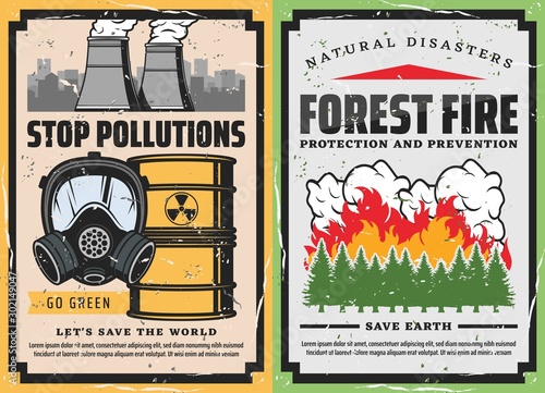 Burning forest trees, toxic waste and gas mask