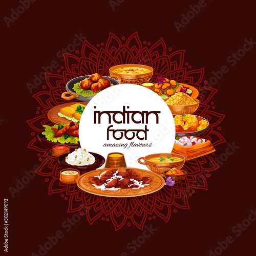 Indian rice and vegetable dishes with meat curry