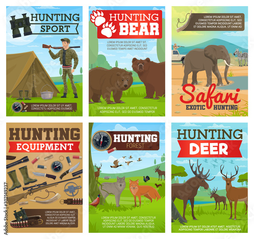 Hunting animals, hunter guns and equipment
