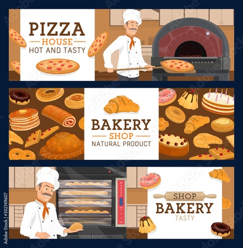 Baker or pastry chef with bread, cake and pizza