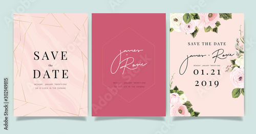 Luxury Wedding Invitation set,  invite thank you, rsvp modern card Design in Golden and white rose with leaf greenery branches  decorative Vector elegant rustic template