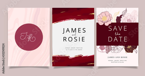 Luxury Wedding Invitation set,  invite thank you, rsvp modern card Design in Golden and white rose with leaf greenery branches  decorative Vector elegant rustic template