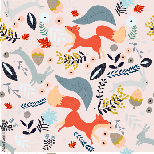 Cute fox and rabbit seamless pattern