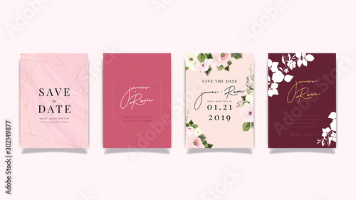 Luxury Wedding Invitation set,  invite thank you, rsvp modern card Design in Golden and white rose with leaf greenery branches  decorative Vector elegant rustic template