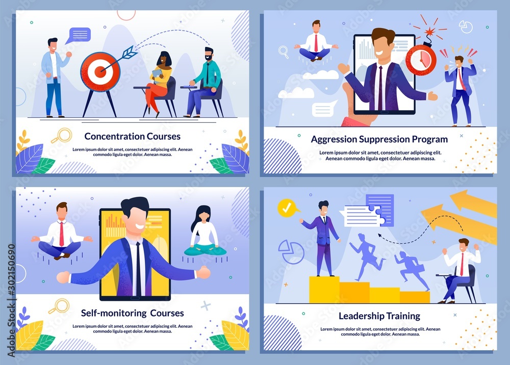 Business Training Courses for Leaders and Self-Development Flat Banner Set. Concentration, Aggression Suppression, Self-Monitoring, Leadership Program. Online Coaching. Vector Cartoon Illustration Business Training Courses for Leaders and Self-Development Flat Banner Set. Concentration, Aggression Suppression, Self-Monitoring, Leadership Program. Online Coaching. Vector Cartoon Illustration