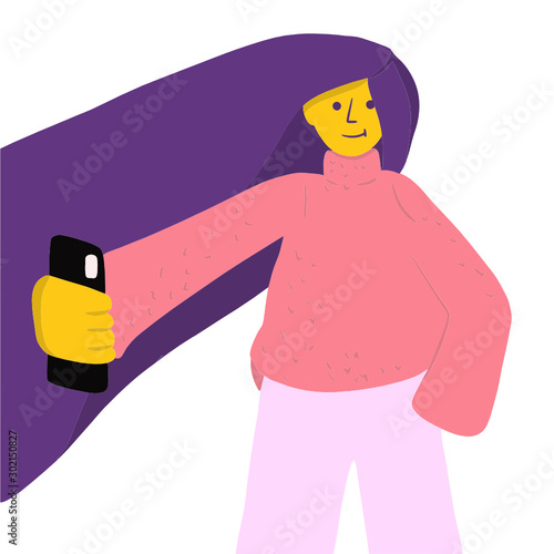 A blogger girl makes selfies on her phone. Stories for social networks. Films itself on camera. Vlog. Flat illustration.Vector