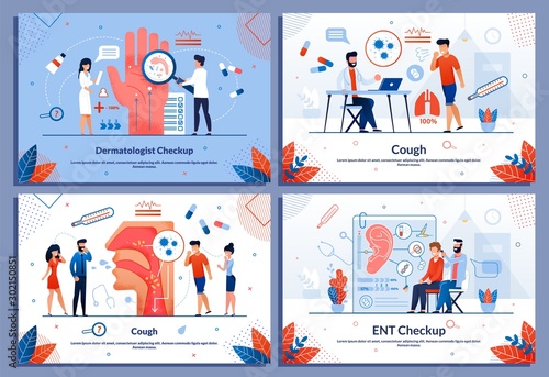 Cartoon Male and Female Patients Characters with Disease Symptoms. Dermatology Checkup, ENT Examination, Cough Causes. Medicine and Healthcare. Medical Banner Flat Set. Vector Illustration