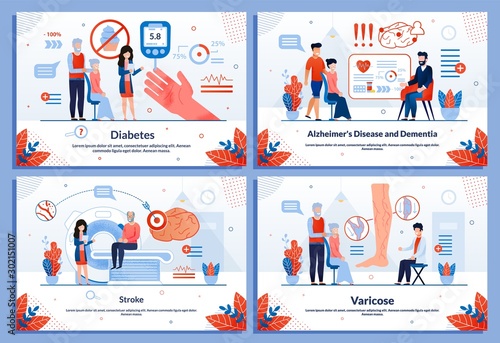 Cardiovascular and Chronic Disease Treatment Medical Banner Flat Set. Healthcare, Prevention Medicine and Cure. Vector Cartoon Patients and Doctors Characters on Consultation Illustration