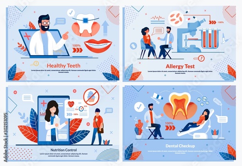 Smart Medicine and Healthcare Banner Flat Set. Healthy Tooth and Dental Checkup. Allergy Test for Diagnosis. Nutrition Control Application and Individual Diet Selection. Vector Cartoon Illustration
