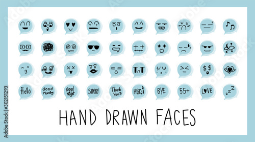 Hand draw face emoji with different emotions icon isolated on white background. Character creative vector illustration EPS10. Set of doodle cute cartoon feelings with art blue speech bubble.