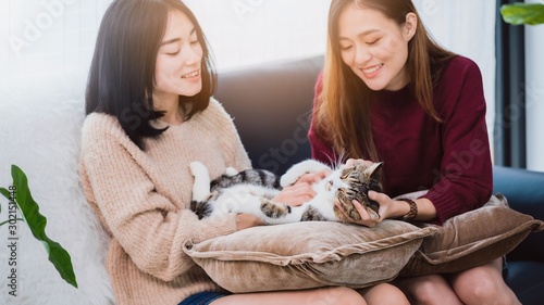Young beautiful Asian women lesbian couple lover playing cute cat pet in living room at home with smiling face.Concept of LGBT sexuality with happy lifestyle together.
