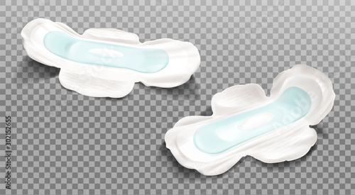 Sanitary napkins isolated on transparent background. Feminine hygienic pads with wings and soft cotton texture, protective product mockup for women period Realistic 3d vector illustration, clip art