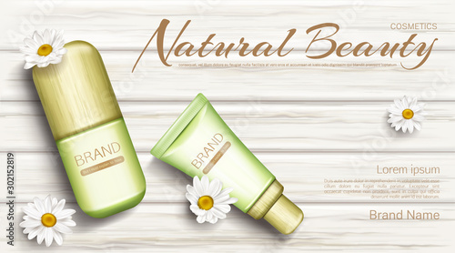 Natural cosmetics bottles with chamomile flowers top view mock up banner. Beauty product deodorant and cream tubes with wood caps on wooden background. Eco cosmetic Realistic 3d vector illustration