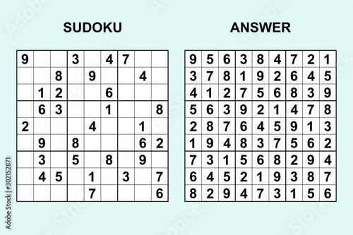Vector sudoku with answer 289. Puzzle game with numbers.