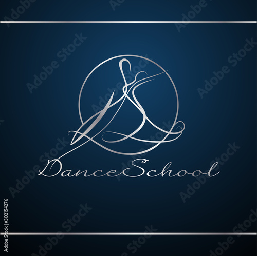 Dancing couple created by line art. Stylized figures of dancing man and woman on circle. Silver luxury logo design template. Dynamic shape.
