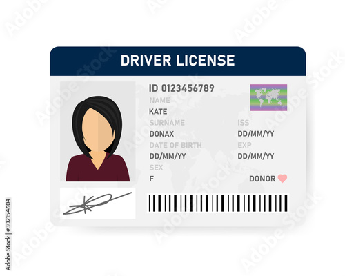 Realistic driver license of women on white background. Vector illustration.