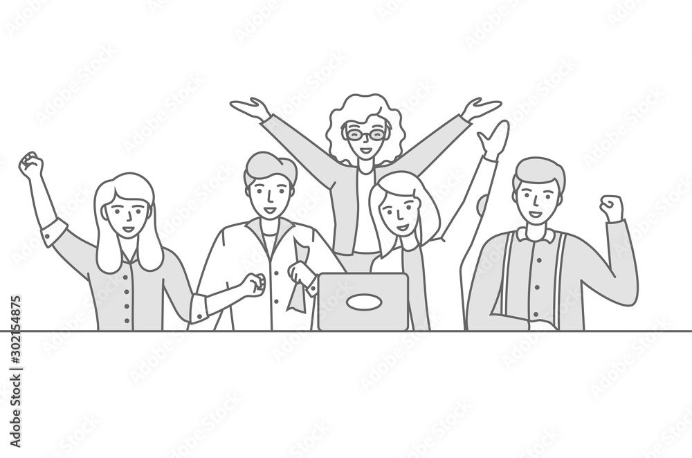 Business people celebrating. People at the table are happy and raise their hands up. linear vector illustration. Editable stroke Business people celebrating. People at the table are happy and raise their hands up. linear vector illustration. Editable stroke