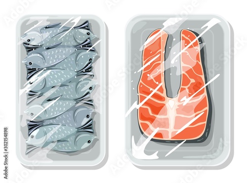 Vacuum packaging for best keeping food safe, storing, warehousing, transportation of ocean, river, sea fish. Seafood are on trays under saran wrap. Vector cartoon mockups isolated on white background.