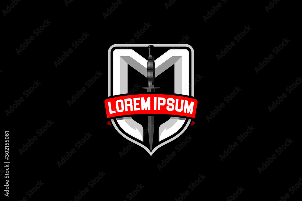 letter M with knife and shield monogram logo vector template letter M with knife and shield monogram logo vector template