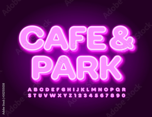 Vector neon violet logo Cafe & Park. Neon light Font. Electric Alphabet Letters and Numbers