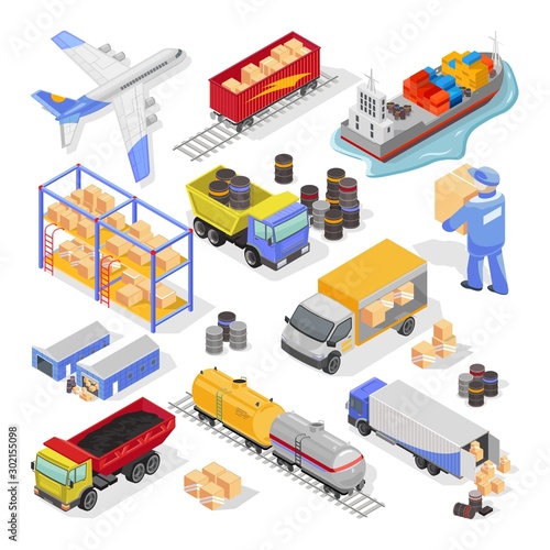 Big vector isometric set on white with types and stages of delivery, logistics for infographics, web design. Transportation by air, land, sea, storage, distribution, insurance of cargo, goods.