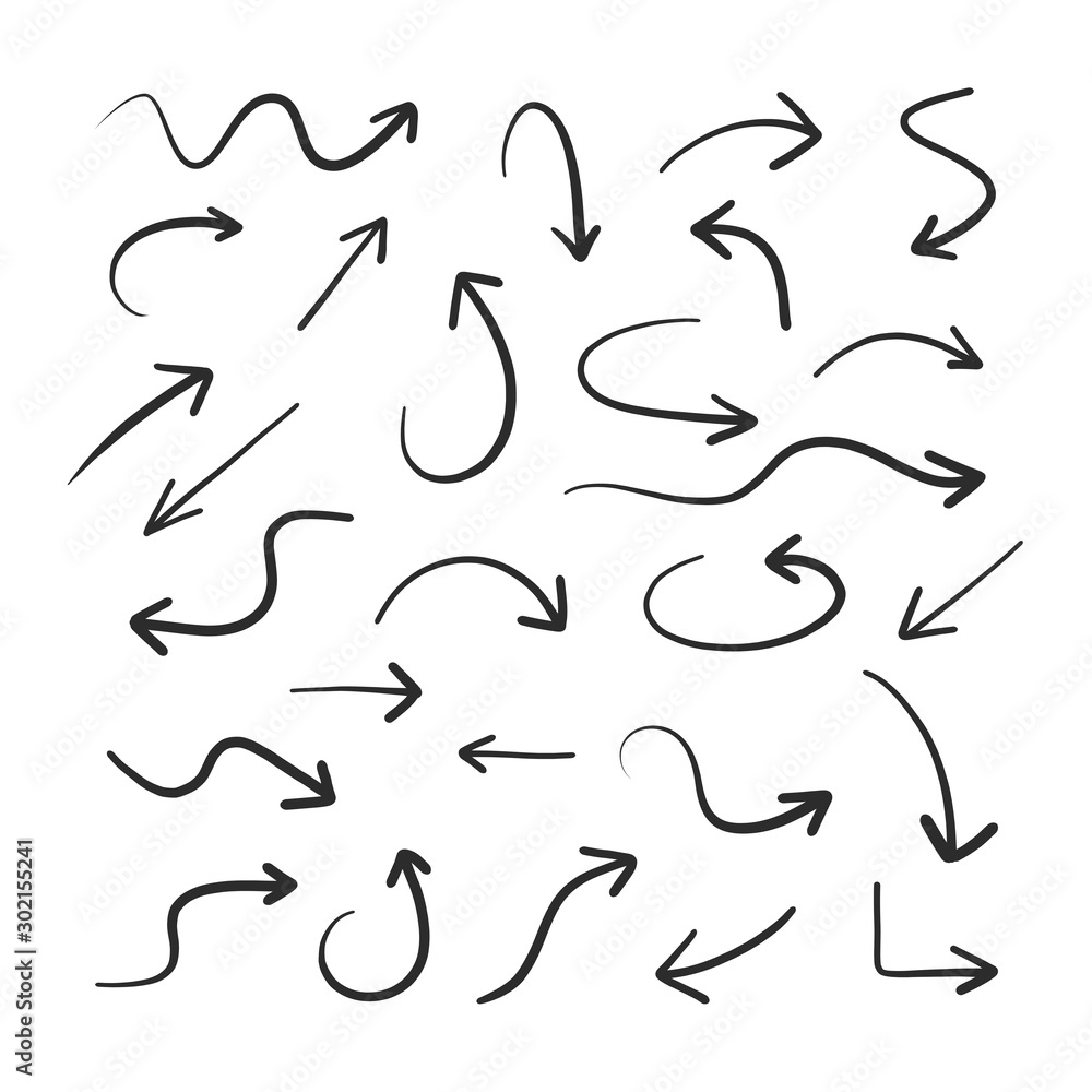 Collection of hand drawn doodle style arrows in various directions. Black arrows isolated on white background