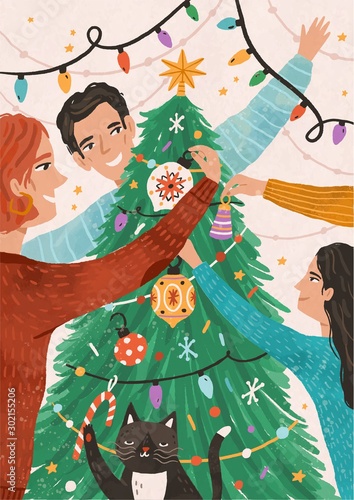Family celebrating christmas together flat vector illustration. Happy child w...