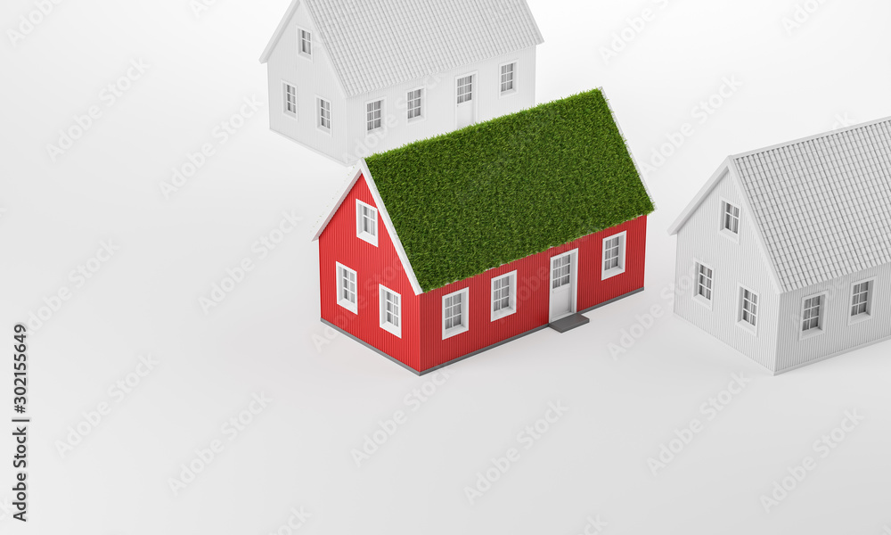 Real estate, green energy, nature friendly concept. Red cozy scandinavian house with grass on the roof and two white houses over white background. Top view. Real estate, green energy, nature friendly concept. Red cozy scandinavian house with grass on the roof and two white houses over white background. Top view.