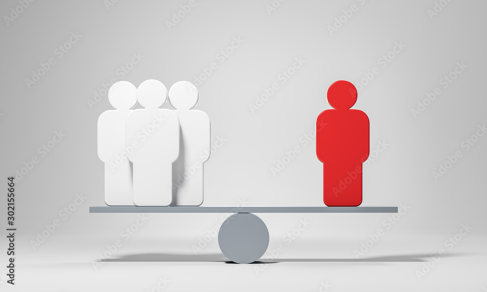 One red and three white businessman figures on seesaw weight scale in equilibrium. Leadership, uniqueness and balance concept. One red and three white businessman figures on seesaw weight scale in equilibrium. Leadership, uniqueness and balance concept.