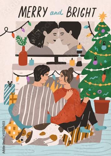 Merry and bright postcard vector template. Festive christmas poster design with typography. Happy couple watching romantic movie  cozy home recreation. People celebrating new year together.