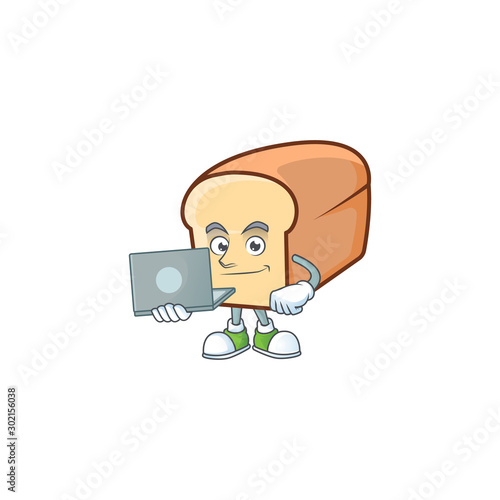 White bread of cartoon with bring laptop mascot.