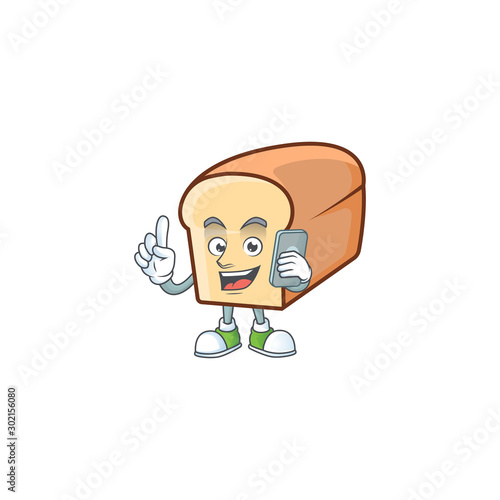 White bread of cartoon with holding phone mascot.
