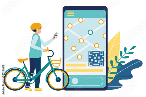 Bicycle rental. Mobile application for searching and renting of bicycles. Young man student in a helmet rents an electric bike using a mobile app. Concept bike sharing. Vector illustration isolated