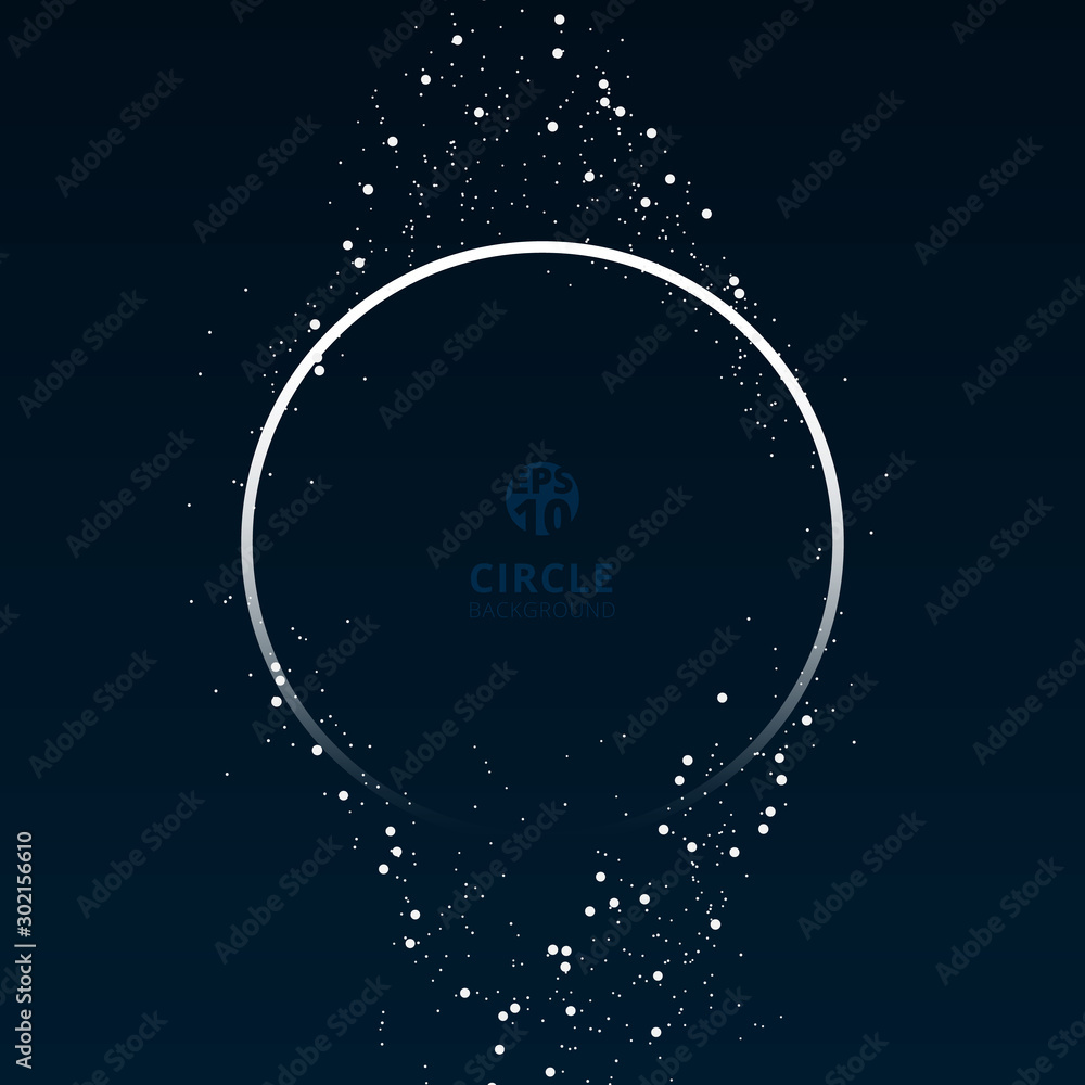 Circle white frame galaxy and space concept with particles on dark blue background.