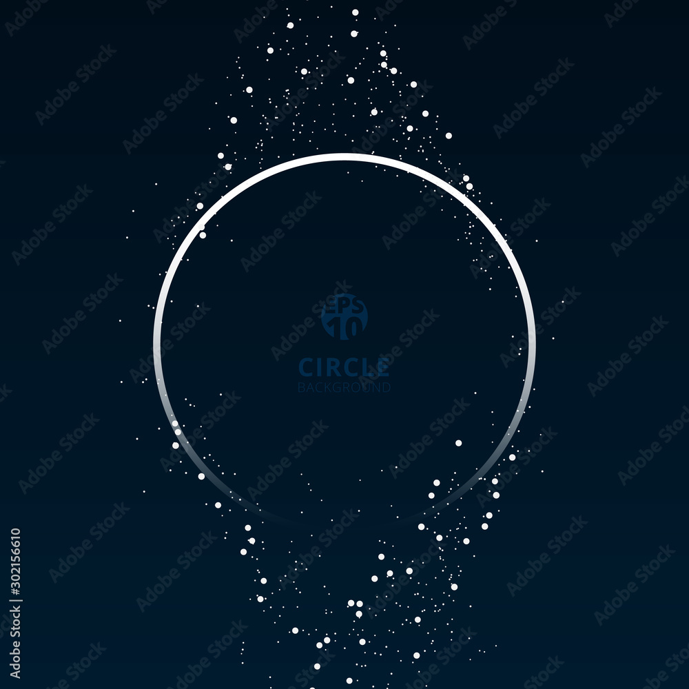 Circle white frame galaxy and space concept with particles on dark blue background. Circle white frame galaxy and space concept with particles on dark blue background.