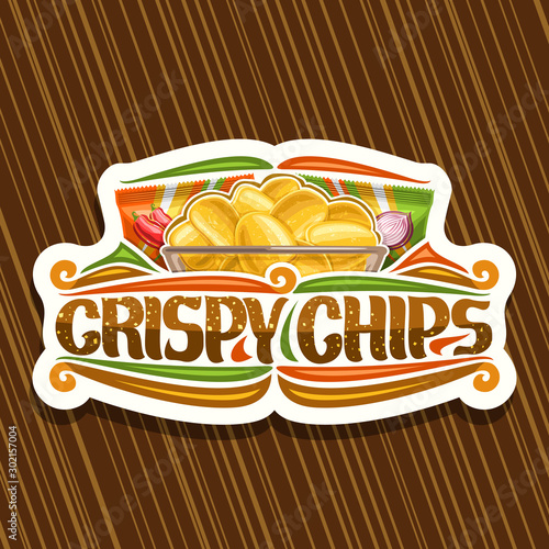 Vector logo for Potato Chips, decorative signage with illustration of crispy potatoes in transparent bowl and 2 plastic packs, cut paper sticker with brush script for words crispy chips and flourishes