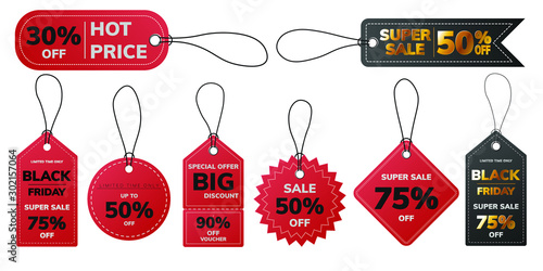 Red, Black, Gold Paper Price tags   Badge hanging labels. realistic design template sale card sticker, ticket, prop set for shop, store, special offer, discount, super sale, promotion. vector.