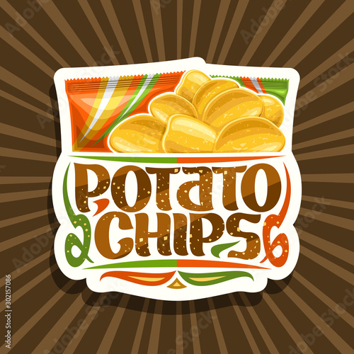 Vector logo for Potato Chips, decorative label with illustration of heap crispy potatoes and 2 plastic packs, cut paper tag with original lettering for words potato chips on abstract background.