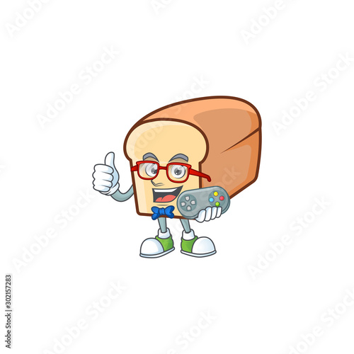 Cartoon of white bread in character holding gamer.