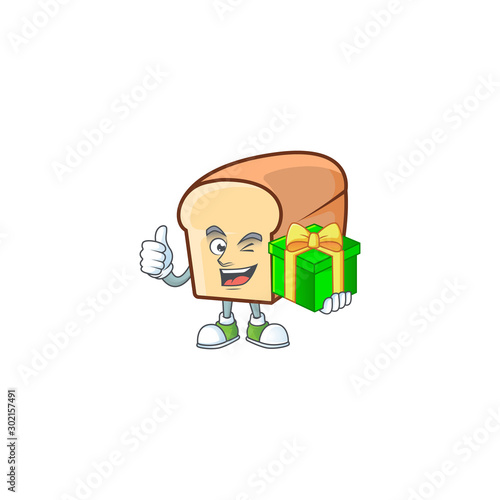Cartoon of white bread in character holding gift.