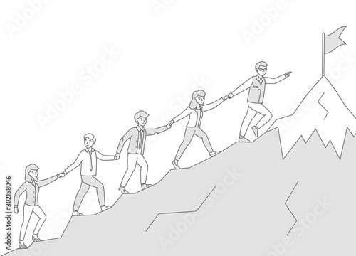 Business people climb the mountain. Corporate concept. follow the leader. Teamwork. Movement for success. linear vector illustration. Editable stroke