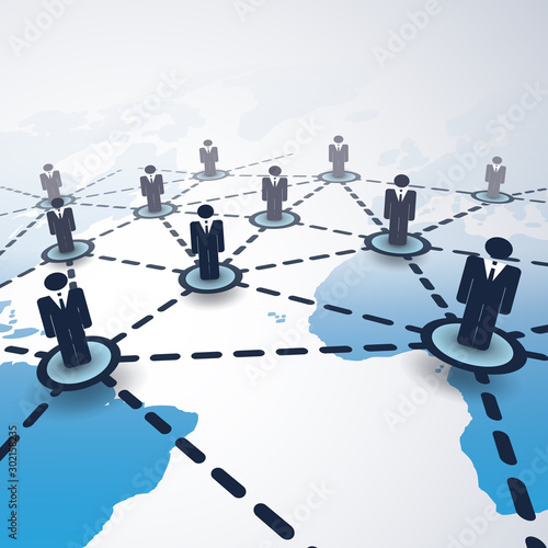 3D Global Business Network Connections Concept with Connected People and World Map