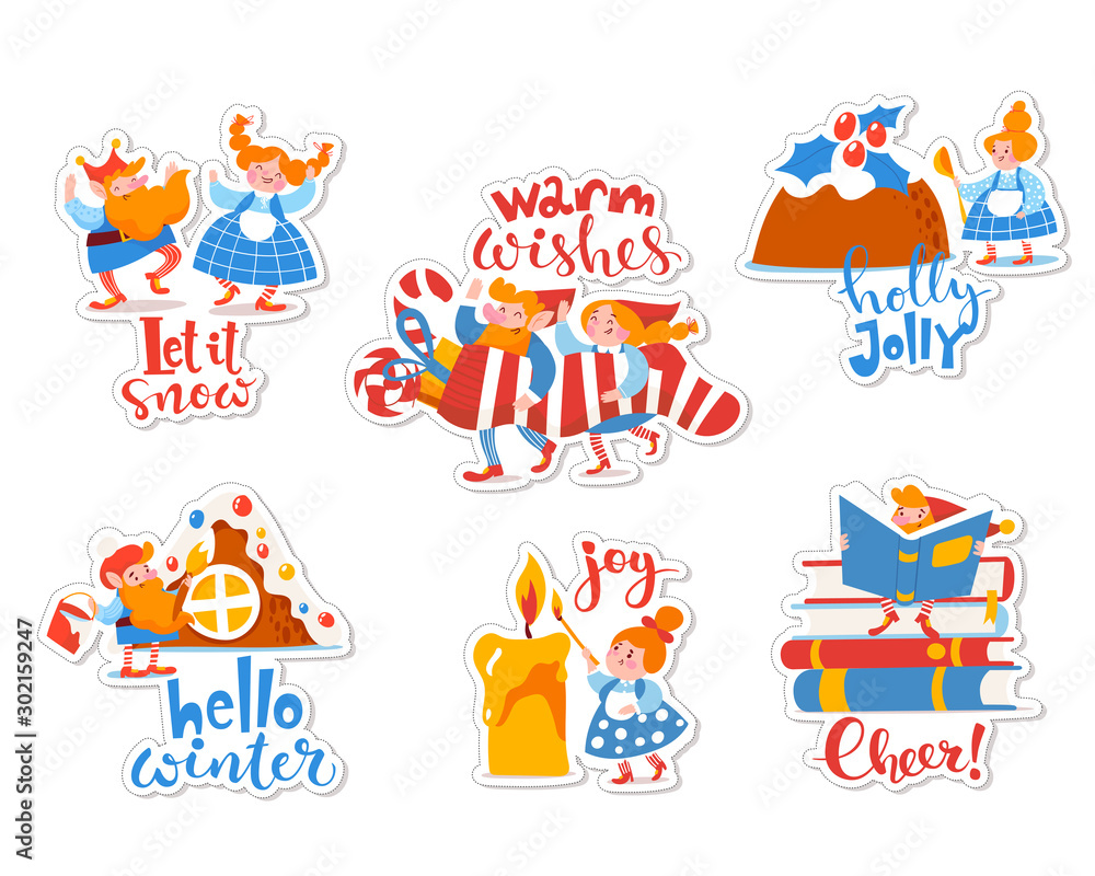 Stickers with cartoon elf characters and Christmas lettering