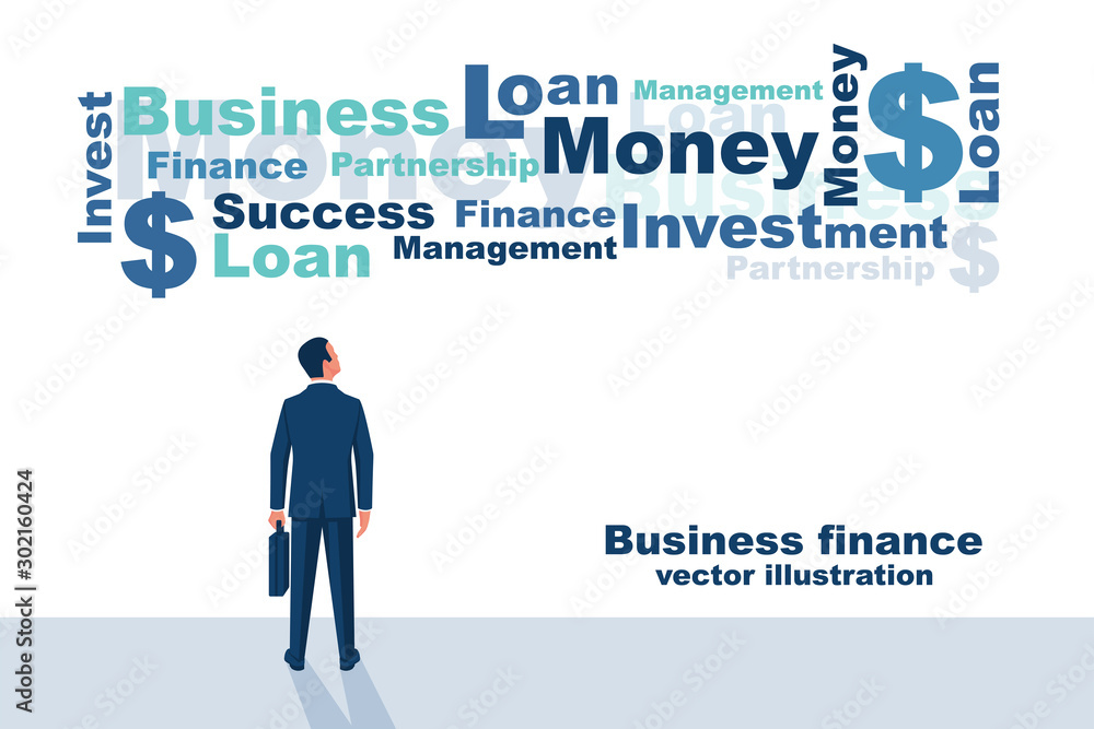 Business finance conceptual. Cloud with text business words. Vector illustration flat design. Isolated on white background. Successful businessman is looking up. Business finance conceptual. Cloud with text business words. Vector illustration flat design. Isolated on white background. Successful businessman is looking up.