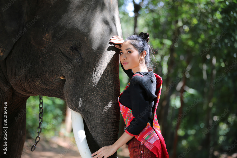 Naklejka premium Beautiful young Asian woman dressed in traditional native dress and elephant in forest of village Surin Thailand